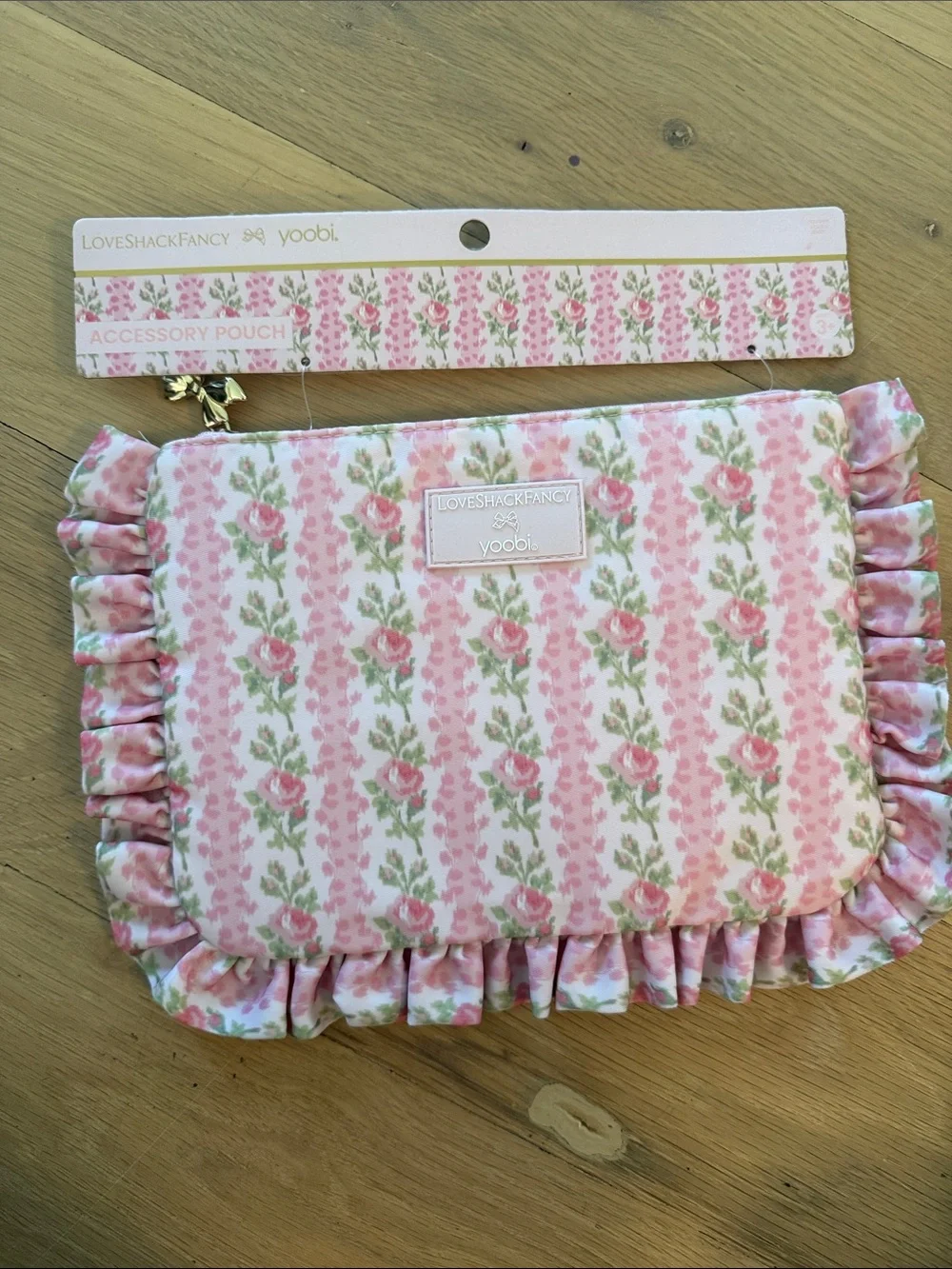 LoveShackFancy x yoobi Ruffle Floral Accessory Pouch - strawberry macaroon